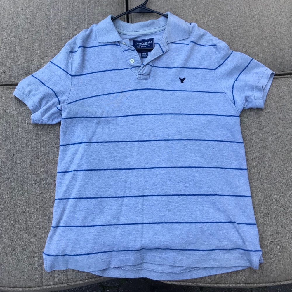 Gray with blue striped collared shirt